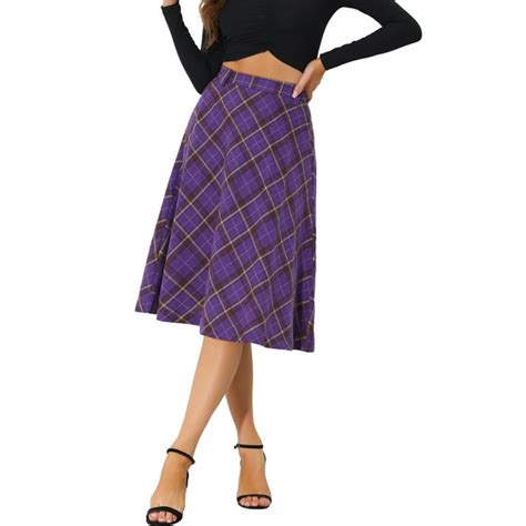 Unique Bargains Womens Plaid High Waist Belted Vintage A Line Midi Skirt M Purple