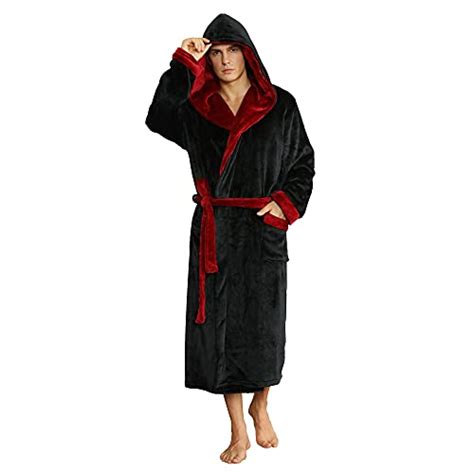U2skiin Mens Fleece Hooded Robe Plush Bathrobe Blackdark Red Sm