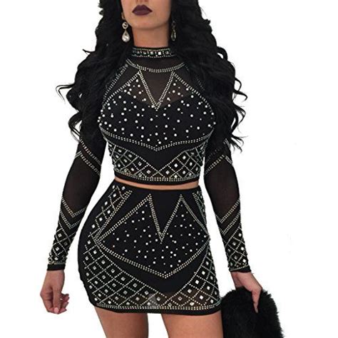 women 2 piece skirt set outfits mesh see through rhinestone crop top with bodycon mini dress