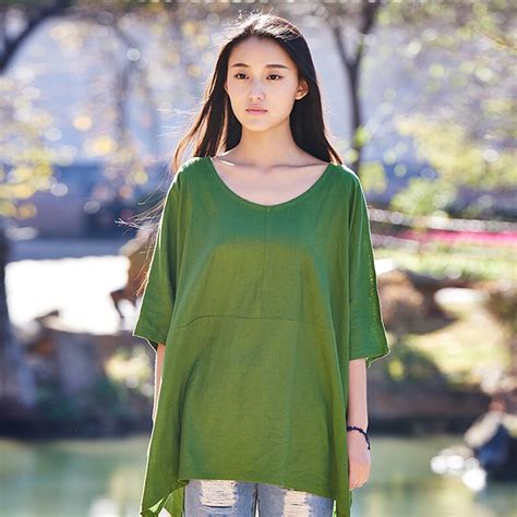 2017 New Solid Green Plus Size Linen Women Blouses Shirts Summer Loose