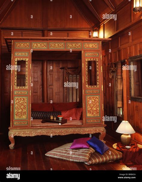 Interior Of A Thai Style Home With A Thai Chinese Bed Thailand Stock