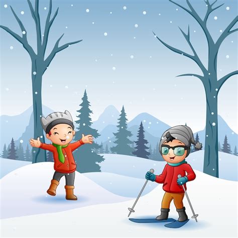 Premium Vector Cartoon Kids Playing In The Snow