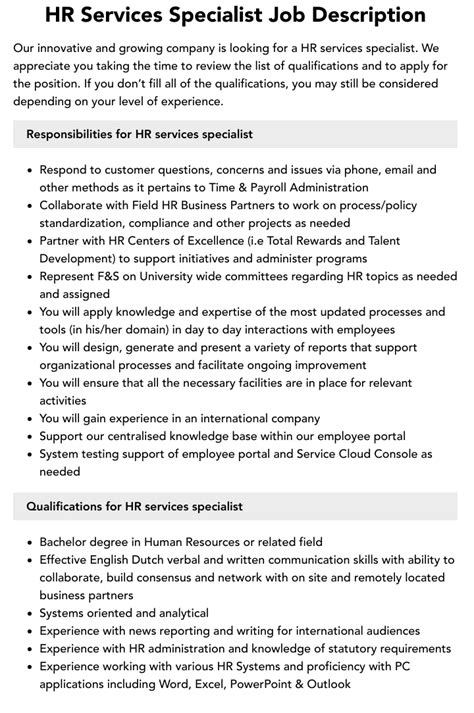 hr services specialist job description velvet jobs