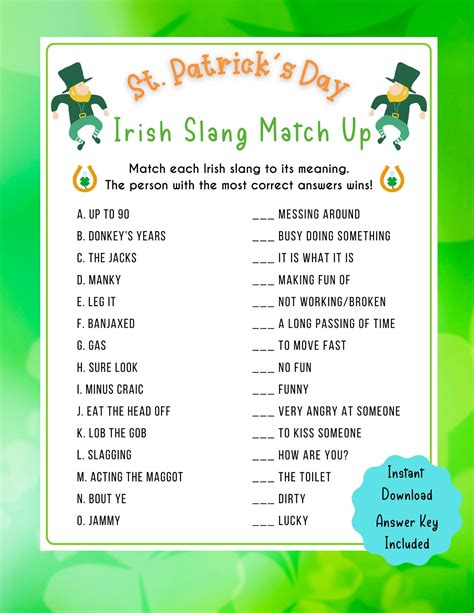 St Patricks Day Irish Slang Match Up St Patricks Printable Game For