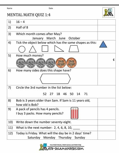 First Grade Mental Math Worksheets