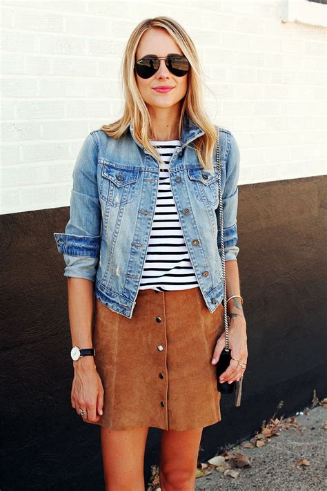 Tan Suede Skirt Outfit Street Fashion Jean Jacket Dress With Jean