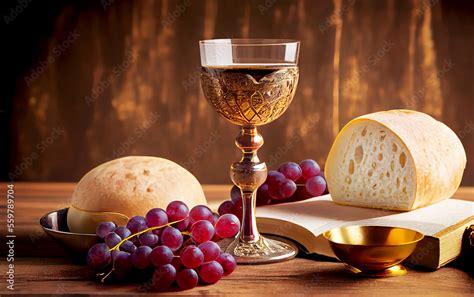 Holy Communion On Wooden Table On Churchtaking Holy Communioncup Of