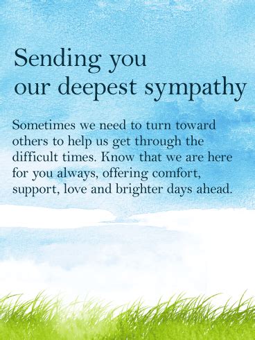 Gestures of comfort shown during a difficult journey are seldom forgotten. This comforting sympathy card can be sent from a group to ...