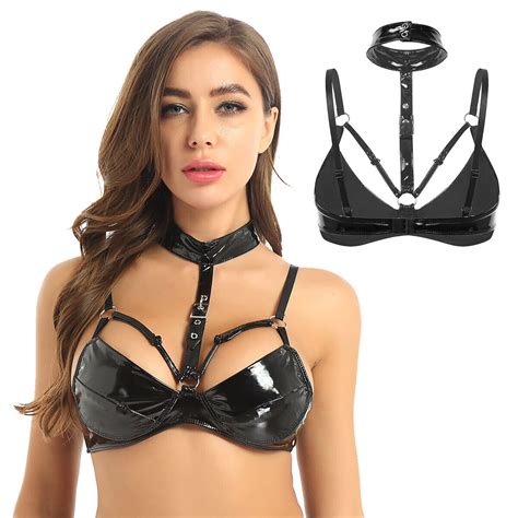 Women Leather Open Cup Shelf Bra Top Wire Free Exposed Breasts Nipples