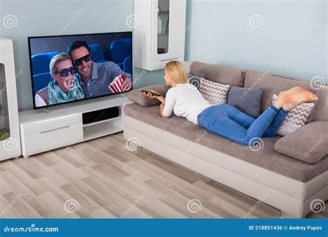 Woman Watching Television At Home Stock Photo Image Of Interior Lady