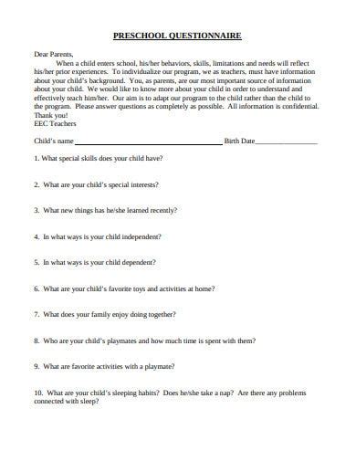 preschool questionnaire templates    premium templates