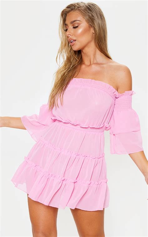 pink ruffle tiered off shoulder beach dress prettylittlething