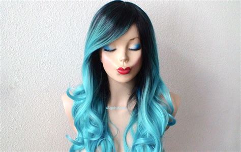 Pastel Wig Ombre Wig Teal Blue Wig Long Curly Hair With A Dark Roots