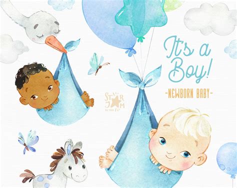 Its A Boy Newborn Baby Watercolor Clipart Stork Etsy