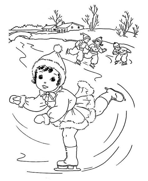 Winter ice skating coloring pages. Cute Little Girl Playing Ice Skating On Winter Coloring ...