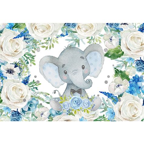 Boy Baby Shower Elephant Backdrop Printed White Blue