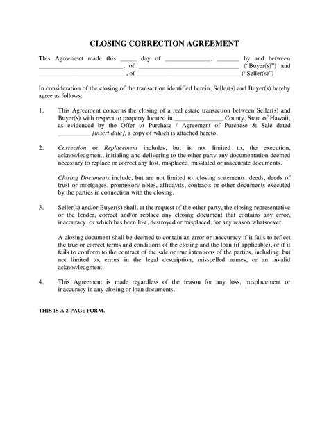 Usa Closing Correction Agreement Legal Forms And Business Templates