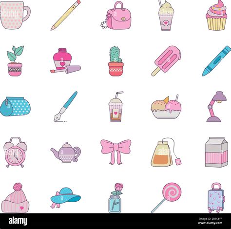 Cute Objects Line And Fill Style Icon Set Design Ornament Art Cute