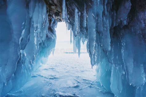 Winter Frozen Ice Cave At Frozen Lake Baikal In Siberia Russia Stock