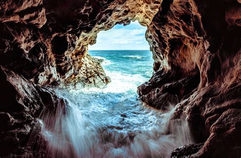 Malibu Sea Cave Breaking Ocean Waves Sunset Seascape Landscape