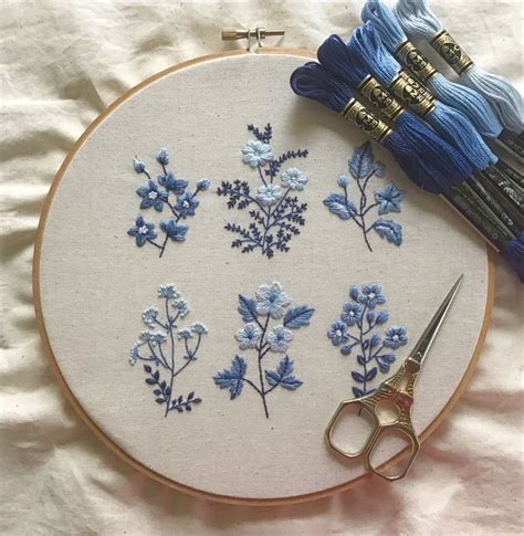 Blue Botanical Hand Embroidery Pattern Hand Embroidery Flowers