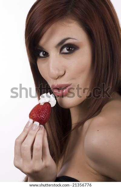 Sexy Girl Eating Strawberry Whip Cream Foto De Stock 21356776 Shutterstock