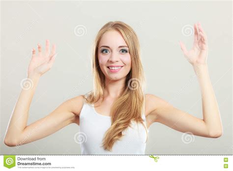 Blonde Girl Spreading Hands With Joy Stock Image Image Of Sign