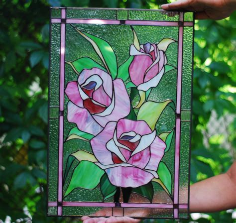 Stained Glass Pink Rose Stained Glass Panel Stained Glass Etsy