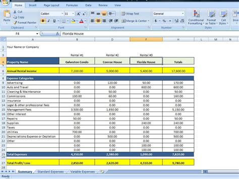 spreadsheet excel template for tracking rental income and expenses rental property management