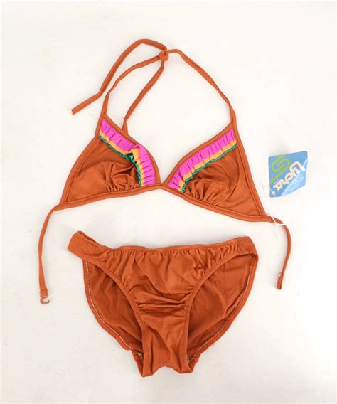 70s Copper String Bikini W Colored Trim Vintage 1970s Bathing Suit Halter Top Swimsuit Xs S