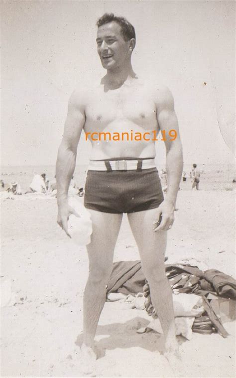 Vintage Photo Tight Swim Suit Bathing Man Beach Bulge Gay Int Handsome