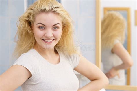 Happy Fresh Blonde Woman In Bathroom Stock Image Image Of Hair