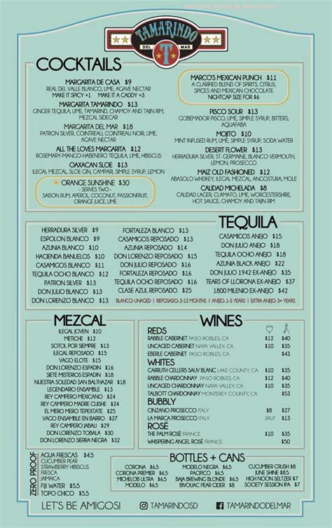 Online Menu of Tamarindo Del Mar Restaurant, Del Mar, California, 92014