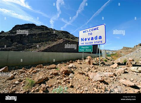 Nevada State Line Hoover Dam Border Arizona Welcome Sign Stock Photo