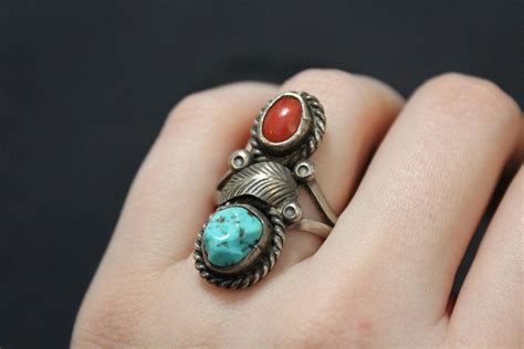 Sterling Silver Old Pawn Signed Jameson Lee Turquoise And Coral Ring
