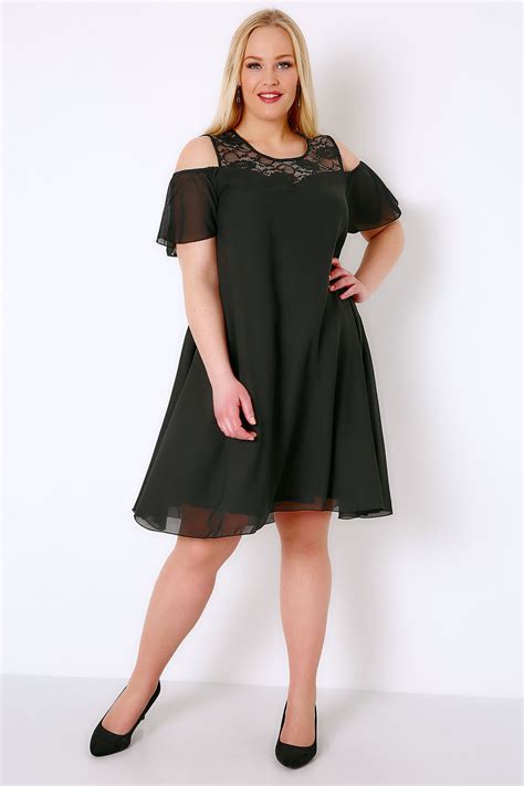 Black Cold Shoulder Dress With Lace Neckline And Angel Sleeves Plus Size 16 To 36