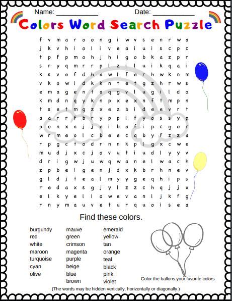 Colors Word Search Puzzle For Kids Free Printable Pdf