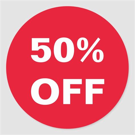 The 50 Off Sticker Is Shown In White On A Red Circle With An Image Of
