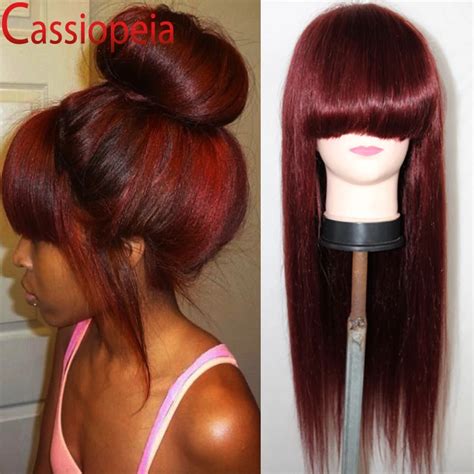 Red 99j Full Lace Human Hair Wig With Bangs Silky Straight For Black