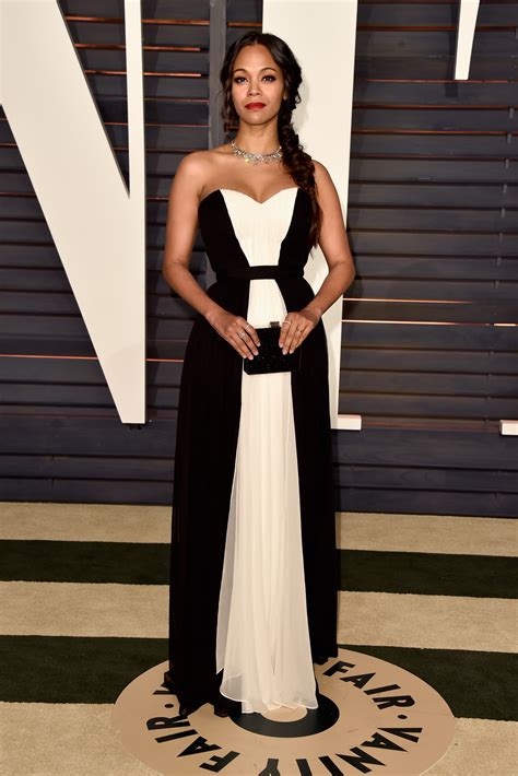 Zoe Saldana 2015 Vanity Fair Party Black White Chiffon Evening Dress