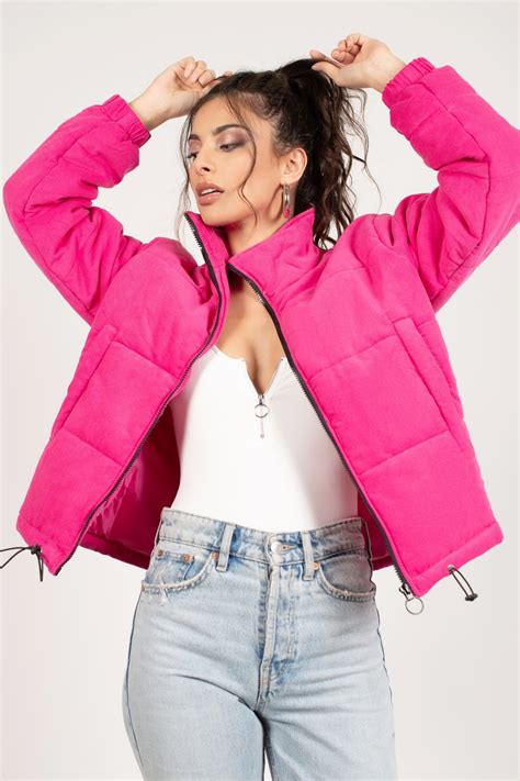 hot pink puffer jacket o ring zipper jacket faux pocket jacket