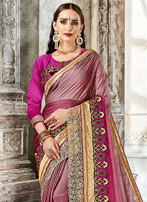 Buy Mauve N Pink Art Silk Saree Embroidered Sari Online Shopping