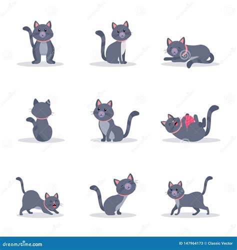 Cute Grey Cats Vector Color Illustrations Set Stock Vector