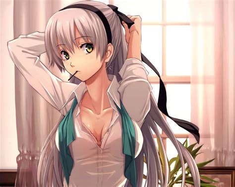 Who are the best anime girls with white hair? Wallpaper : anime girls, white hair, cleavage, shirt ...