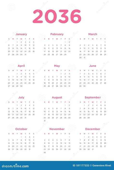 Annual Calendar For 2036 Stock Vector Illustration Of Monthly 181177333