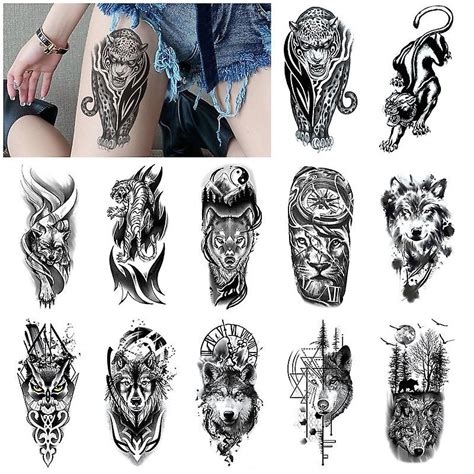 12 sheets wolf leopard tiger 3d temporary tattoos for women men waterproof fake tattoo stickers