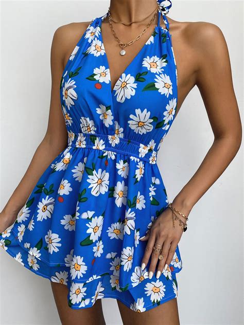 Summer Dress Halter Neck Floral Print Pattern Blue Chiffon Bohemian