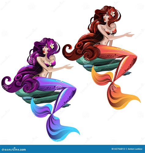 Two Mermaids With Long Hair Purple And Red Stock Vector Illustration