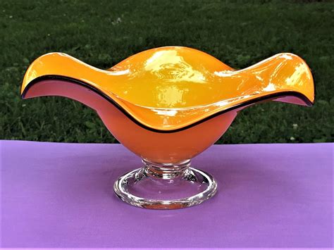 Orange Art Glass Ruffled Pedestal Bowl With Dark Amethyst Etsy Glass Art Deco Bowl Orange Art