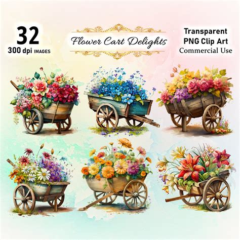 32 Watercolor Floral Wheelbarrows And Flower Cart Clipart Etsy